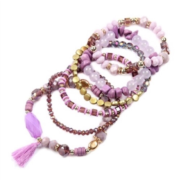 1 LEFT! Boho Charm Lavender Stacking Stretchy Tassel Charm Bracelets - Picture 3 of 3